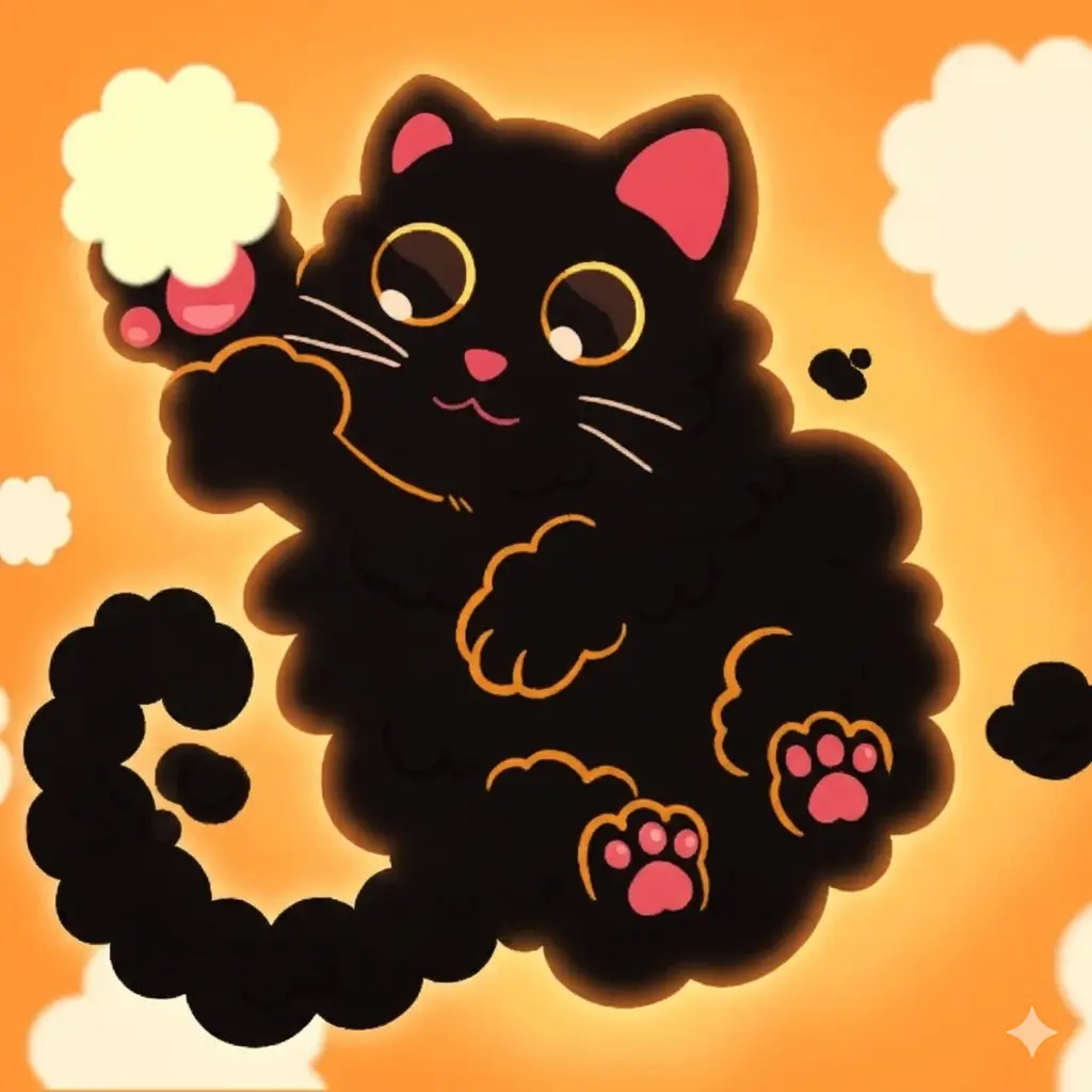 Dusty Cat game screenshot showing a dust particle growing into a cat while avoiding a larger sponge enemy.