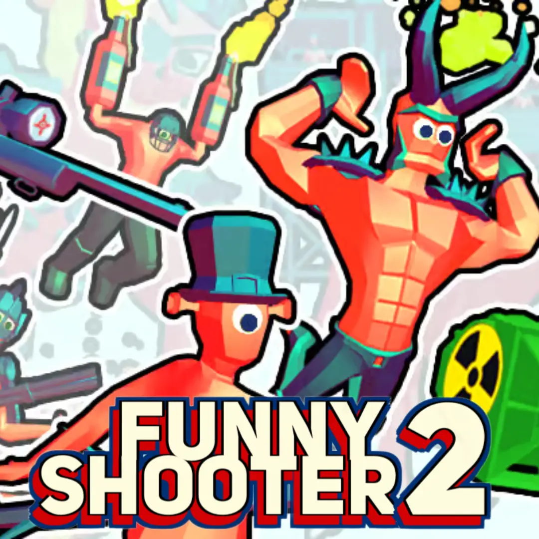 Funny Shooter 2 game - first-person view blasting low-poly silly enemies in a colorful arena, weapon shop and wave survival, free browser FPS