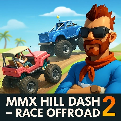 MMX Hill Dash 2 Unblocked - Two monster trucks racing side by side up a massive snow-covered hill climb, play free online no download