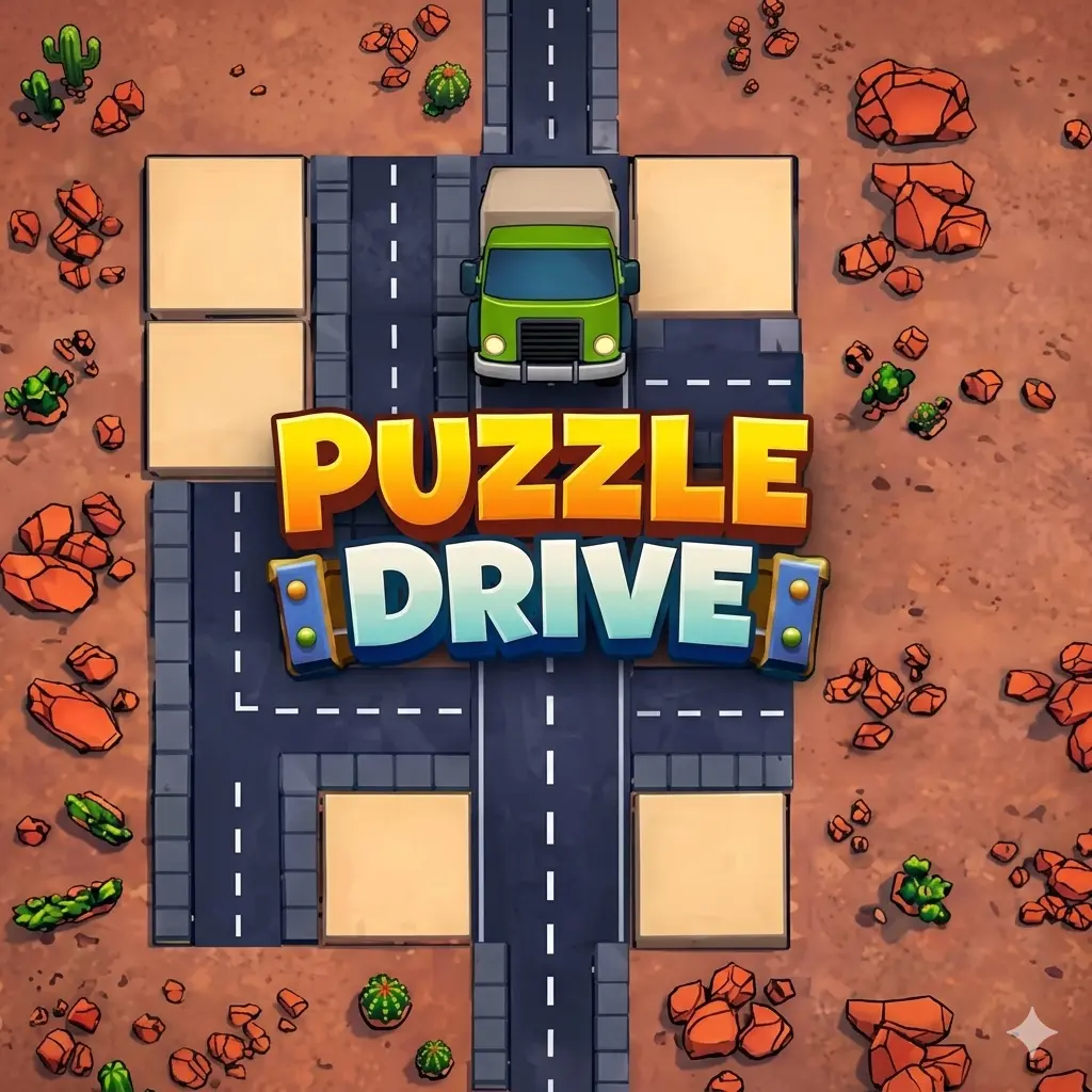Puzzle Drive game - car advancing along a colourful road after completing a puzzle, coins collected and new world unlocked, free browser game no download