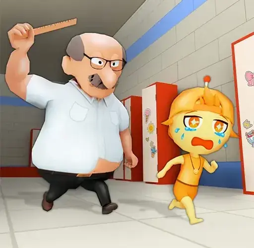 School Breakout Obby Unblocked - Student navigating obstacle course in school hallway, jumping over desks and avoiding teachers, parkour escape game, play free online no download