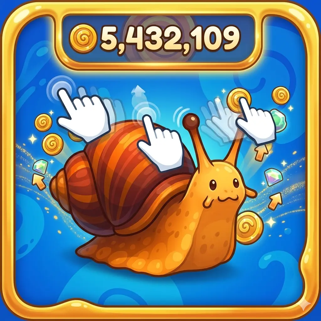 Snail Clicker game - cute snail character generating coins with upgrade shop and skin selection visible, free browser idle clicker