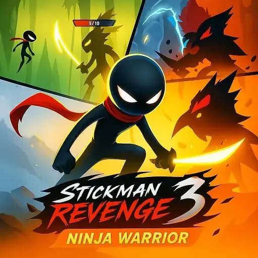 Stickman Revenge 3 Ninja Warrior Unblocked - Black stickman ninja slashing enemies with katana and shurikens, intense action levels, play free online no download