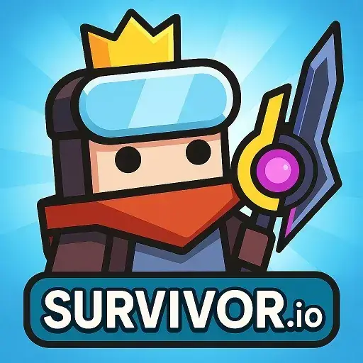 Survivor.io Unblocked - Top-down hero surrounded by zombie horde with glowing weapon effects, free roguelike browser game