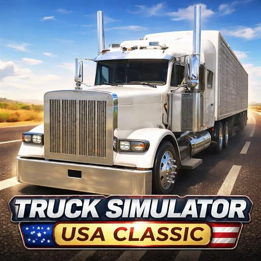 Truck Sim USA Unblocked - American big rig truck cruising down a wide desert interstate highway under a clear blue sky, play free online no download