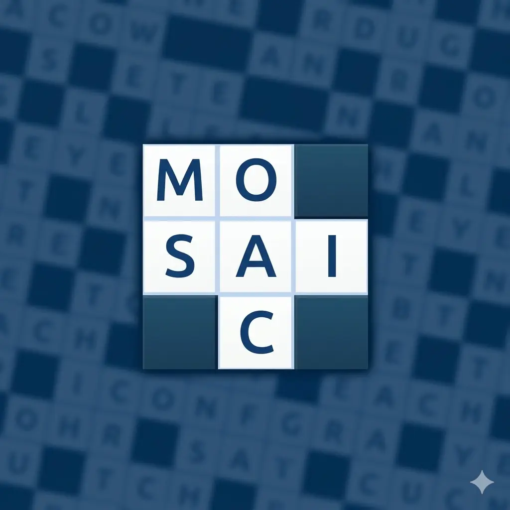 Word Mosaic gameplay showing letter tiles being dragged onto a grid to form words and reveal a colorful mosaic image.